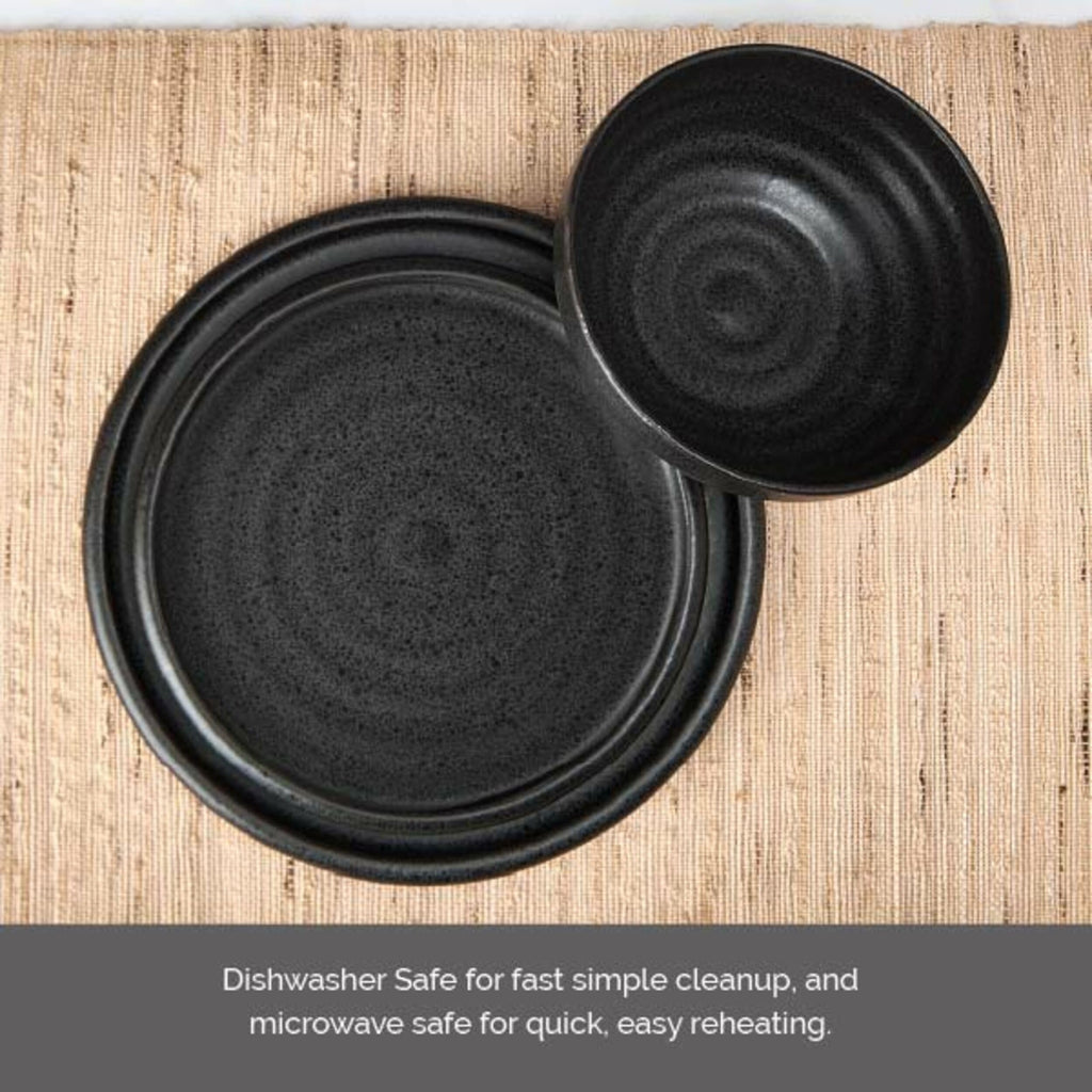 Mikasa Declan 12 Piece Stoneware Dinnerware Set, Service for 4, Modern Black Plate and Bowl Dishes with High Rims, Black