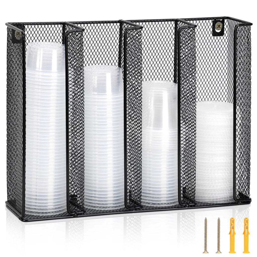 Wall Mount Portion Sauce Cup Lid Organizer 4 Compartments Iron Sauce Cup Dispenser Black Cup and Lid Holder Organizer Fits Cups Size 2 to 5.5 oz For Kitchen Counter Restaurant Coffee Bar 13x10x3.3 In