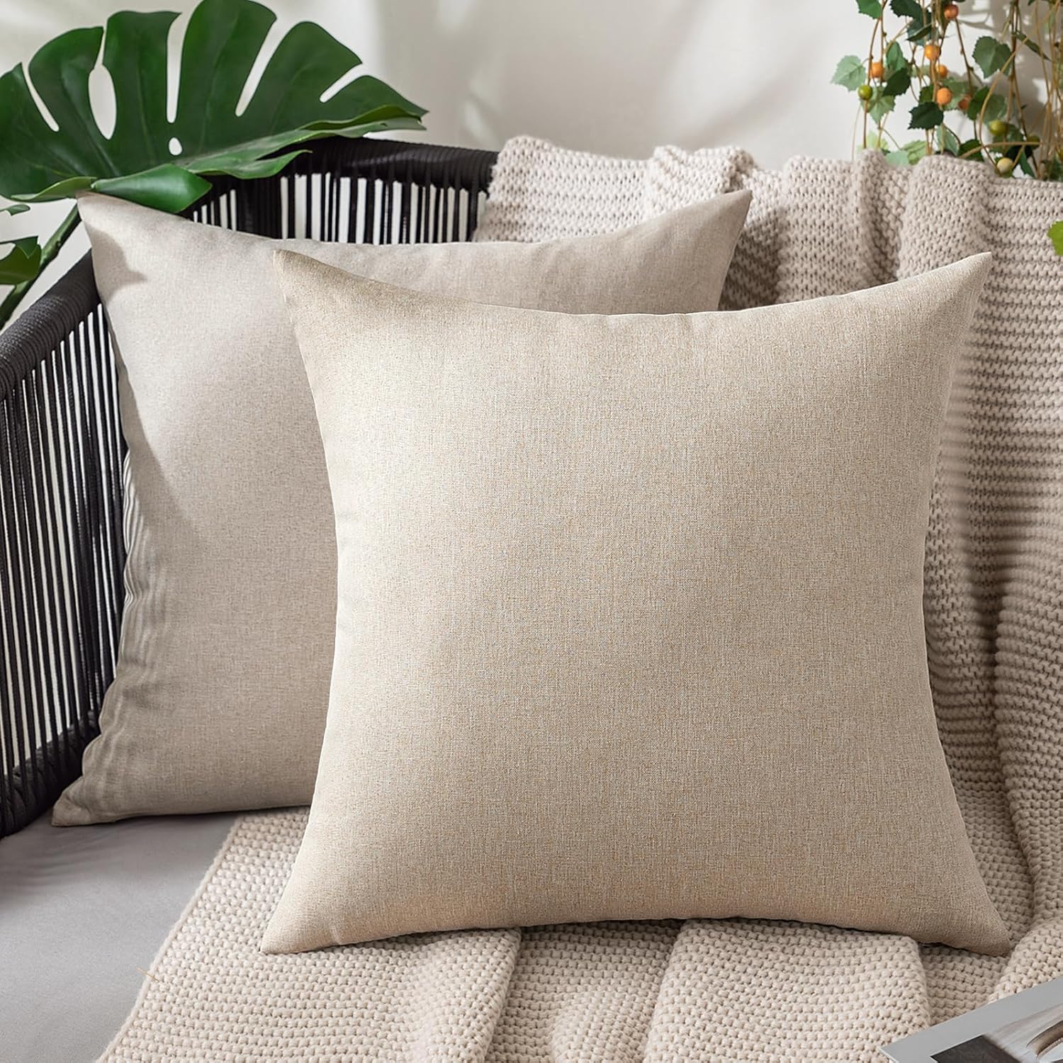 MIULEE Decorative Outdoor Throw Pillow Covers - Waterproof Faux Linen Cushion Cases | 16x16 Inch Beige (Pack of 2)
