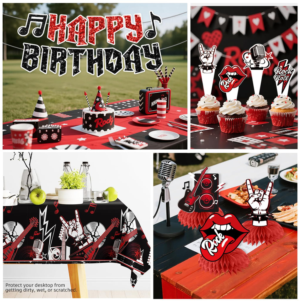 Xynic Rock and Roll Party Decorations, 207 PCS Rock n Roll Party Decorations Set with Plates, Cups, Napkins, Banner, 2 Tablecloths, Balloons, Music Birthday Decorations for Boys & Girls, Serves 25