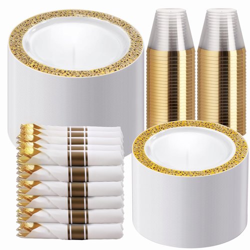 WELLIFE 50 Guests Dinnerware Sets, Gold Plastic Plates，Platos Para Fiestas Elegantes Desechables Include:50 Dinner Plates, 50 Dessert Plate, 150 Pcs Gold Plastic Silverware, 50 Cups for Party