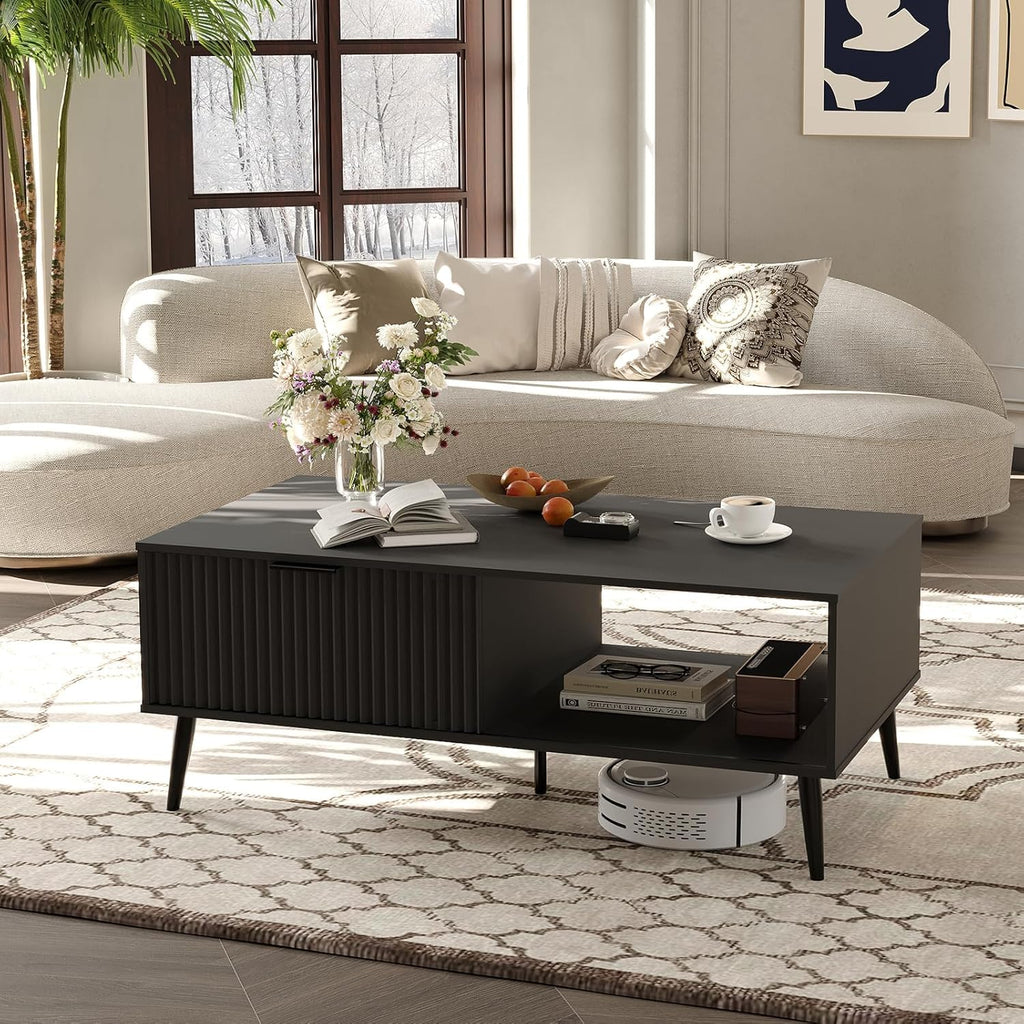 Modern Coffee Table with Storage, 2-Tier Wooden Cocktail Table, Mid Century Modern Coffee Tables with Wave-Style Sliding Doors and Solid Wood Legs, for Living Room, Office, Black