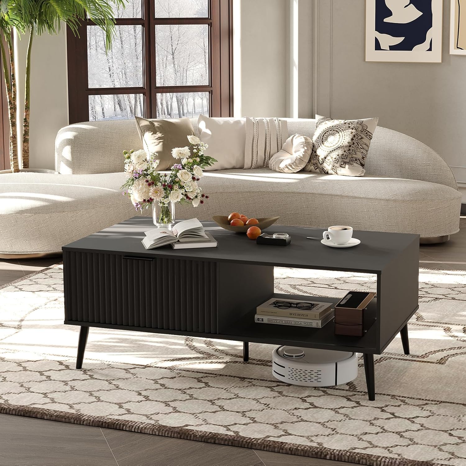 Modern Coffee Table with Storage, 2-Tier Wooden Cocktail Table, Mid Century Modern Coffee Tables with Wave-Style Sliding Doors and Solid Wood Legs, for Living Room, Office, Black