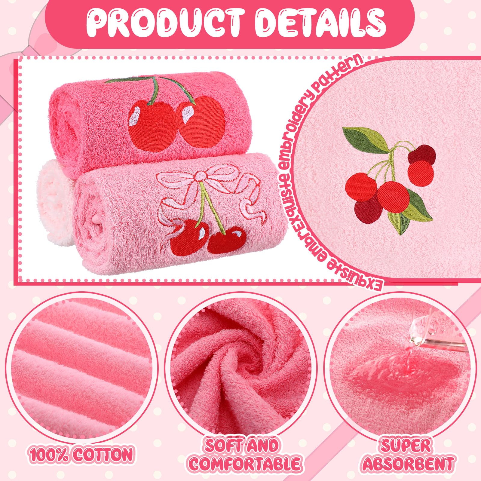 Tingjoo 3 Pcs Cherry Hand Towels 14x29 Inch Spring Summer Pink Preppy Bow Cherries Bathroom Decor Cotton Embroidered Soft Absorbent Towels for Bathroom Kitchen