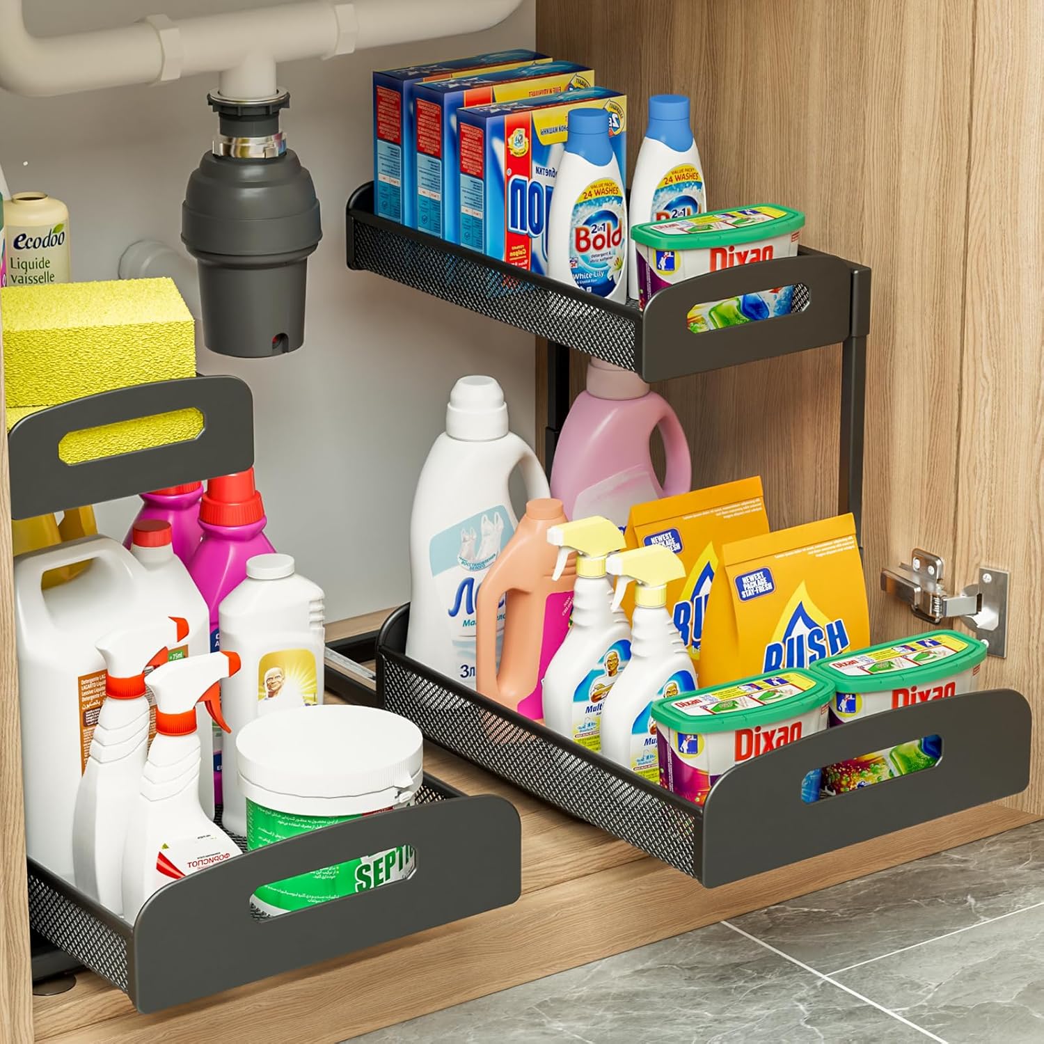 YASONIC Under Sink Organizer - 2 Tier Height Adjustable Metal Cabinet Shelf | Black Storage Solution for Kitchen & Bathroom