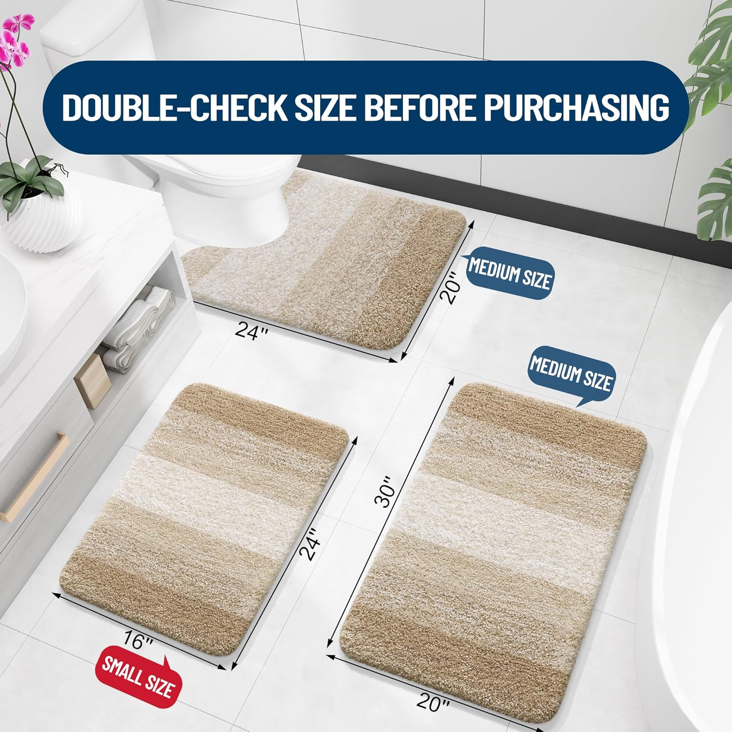 OLANLY Luxury Toilet Rugs - Extra Soft Microfiber U-Shaped Bath Mat 24x20 | Non-Slip Tan Contour Mat