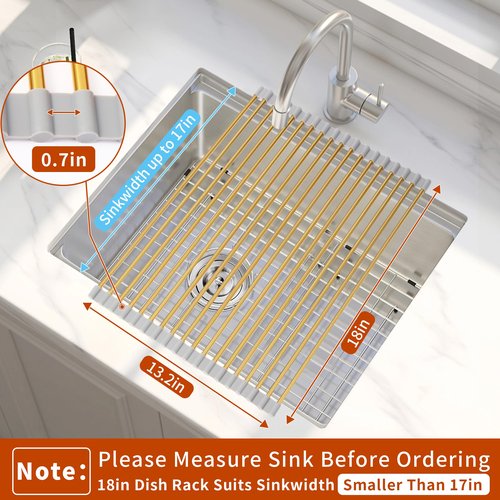 Golden Roll-UP Dish Drying Rack-Large Stainless Steel Dish Drainer Over The Sink for Kitchen Countertop, Applicable for Sink Width Less Than 16.5in (Gold,17.8'x 13.2')