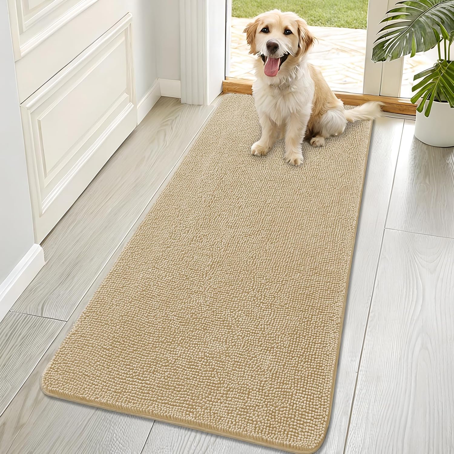 OLANLY Dog Door Mat - Absorbent Non-Slip Washable Chenille Mat for Muddy Paws | 70x32, Beige