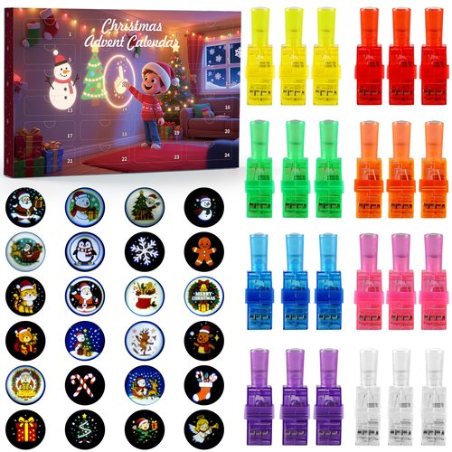 Christmas Advent Calendar with 24 pcs Different Xmas Themed LED Novelty Finger Lights Gifts for Christmas Countdown Calendar Party Favors Toys Stocking Stuffers for Kids Boys Girls Toddlers