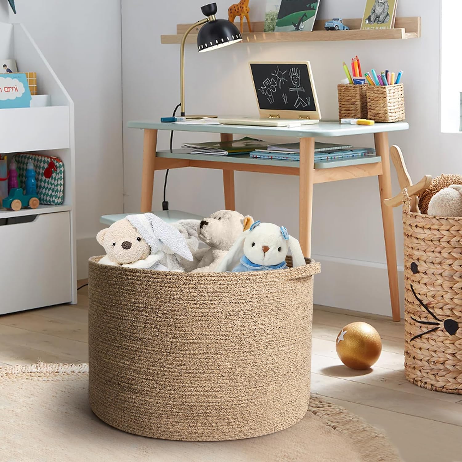 MEGASKET Large Wicker Storage Basket - 22” X 22” X 14” Cotton Rope Organizer for Kids & Pets | Brown Variegated Design