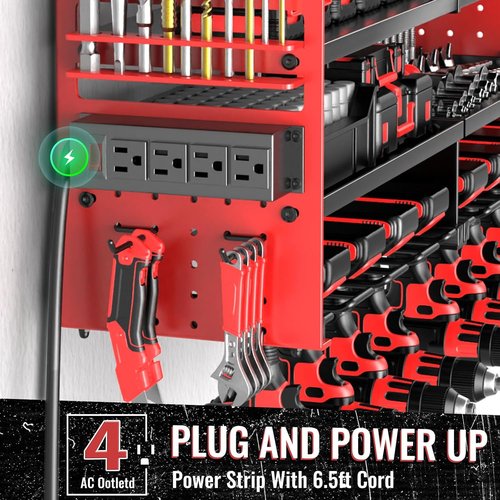 Large Power Tool Organizer by Heavy Duty | Wall Mount Charging Station with 8 Drill Holders - Red