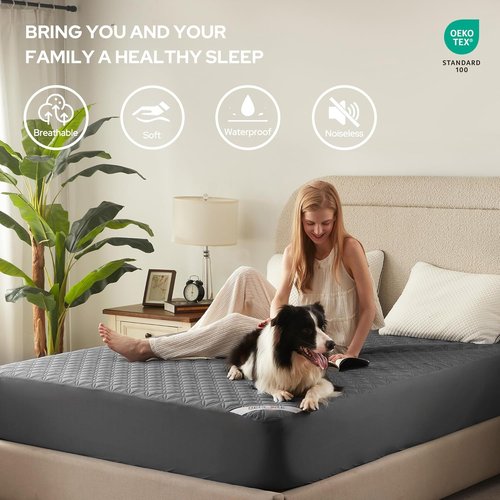 BEDLORE Waterproof Mattress Protector - Noiseless King Size Pad with Deep Pocket, Soft & Washable (Gray)
