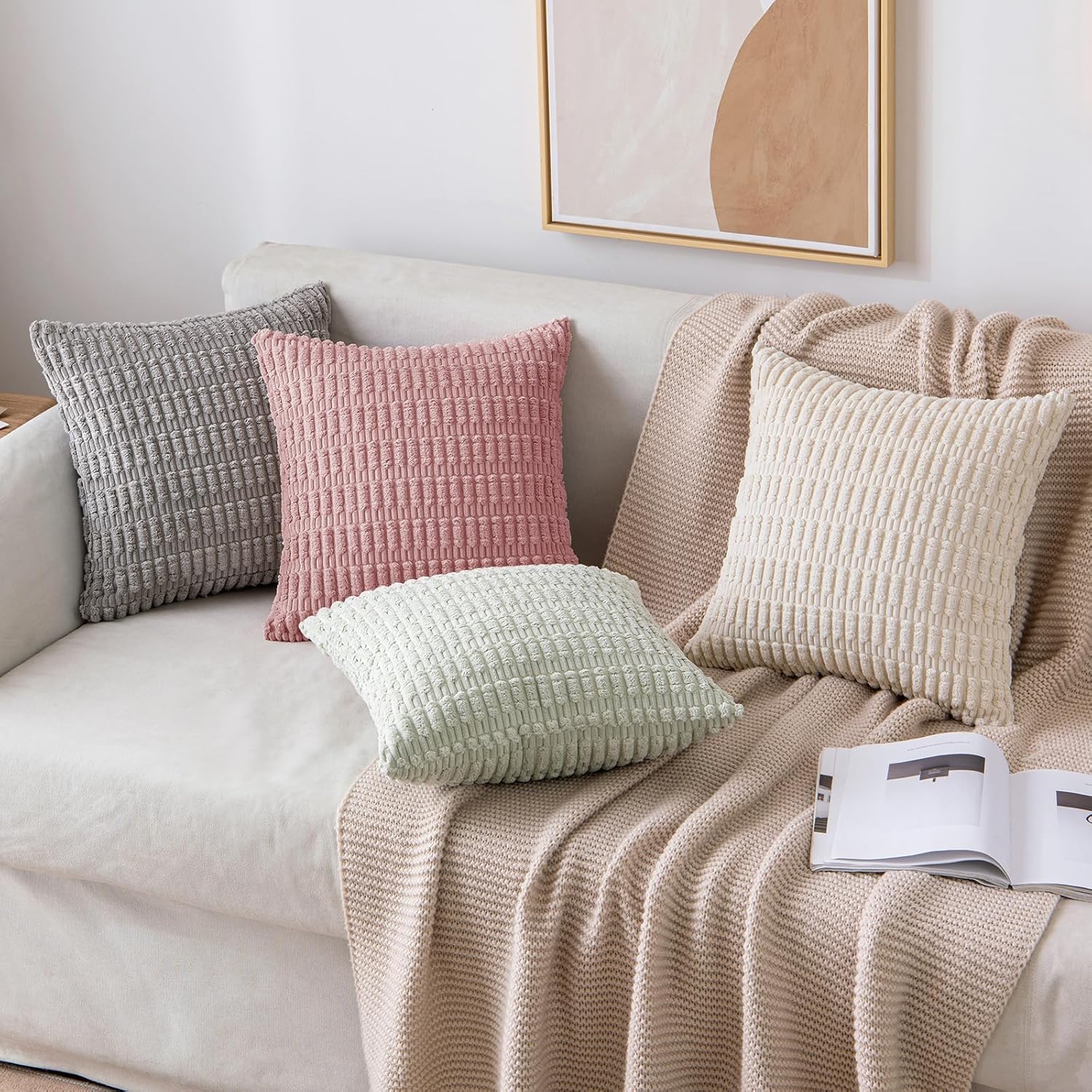 MIULEE Corduroy Throw Pillow Covers - Soft Boho Striped Design, 20x20 Inch, Blush Pink for Modern Home Decor