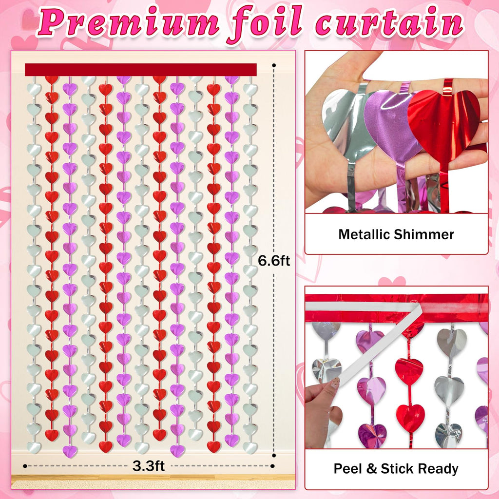 Valentines Decorations, 2 Pack Heart Foil Fringe Curtains 3.3x6.6ft, Red Purple Silver Tinsel Streamer Backdrop, Valentines Photo Backdrop for Party, Galentines, Birthday, Engagement