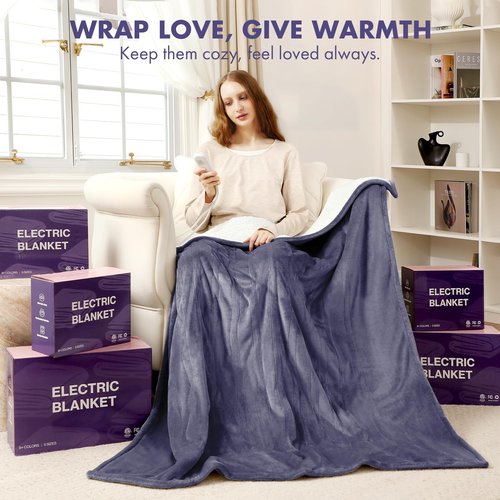 VELLUBAM Heated Blanket Throw 50" x 60" - Soft Flannel Sherpa Electric Blanket Throw with 5 Heating Levels & 4 Hours Auto Off, Machine Washable, Ideal Gift for Grandma (Purple)