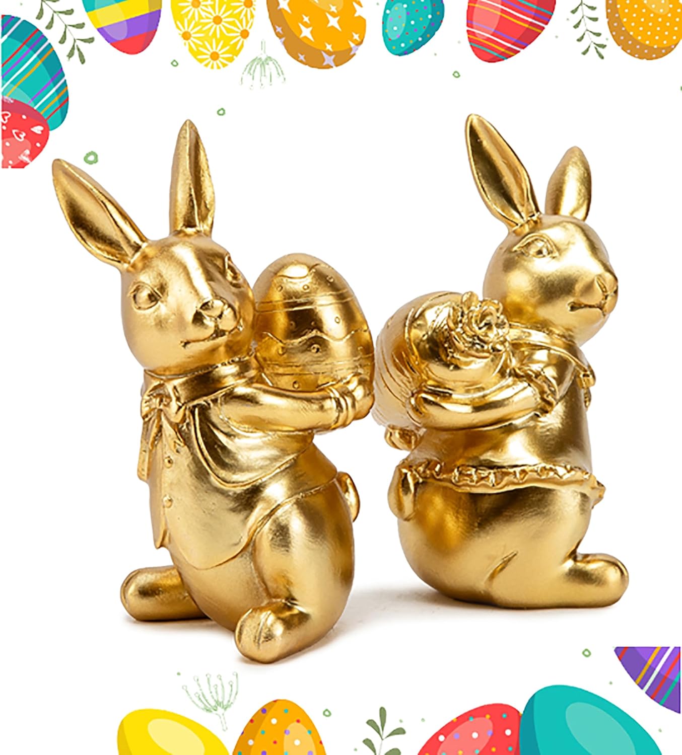Steviieden Bunny Decor Set of 2 - Cute Gold Rabbit Figurines for Spring Easter Home Decorations