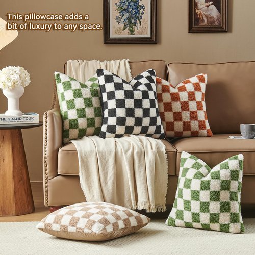 AmHoo Pack of 2 Decorative Throw Pillow Covers Checkerboard Luxury Super Soft Faux Fur Wool Set Case Cushion for Couch Sofa Bedroom 18 x 18-Inch Burnt Orange