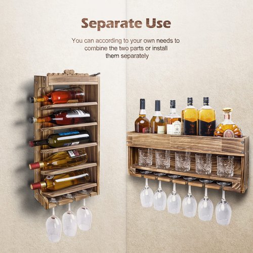 Homde Wine Rack Wall Mounted Wood,Alcohol Shelf with Bottle Stemware Glass Holder Rustic Whiskey Display Storage with Cork Storage for Home Bar Kitchen Decor (Regular Without LED)