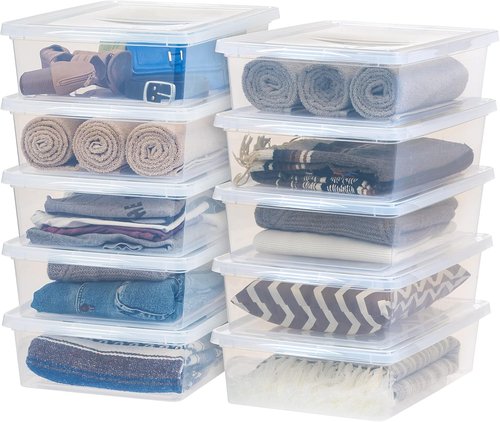 IRIS USA Storage Bins - 10-Pack Clear Stackable Containers with Lids, 28 Quart for Shoe Organization