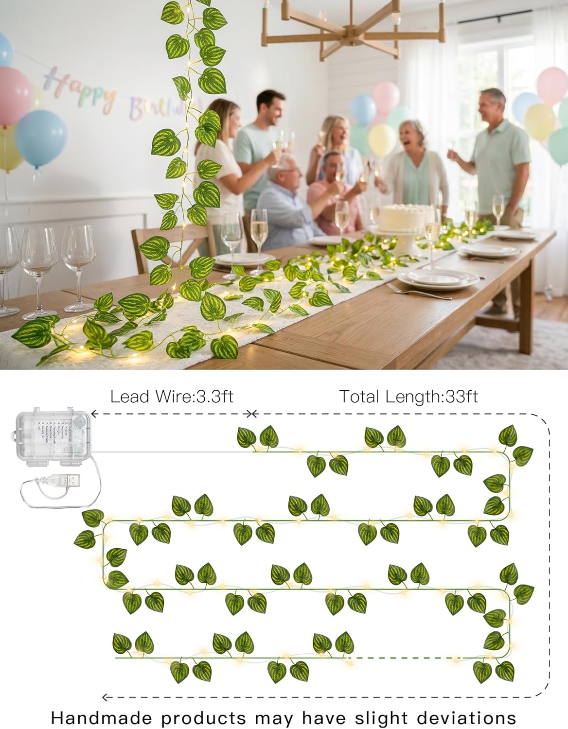 Suddus Vines String Lights - 33ft 100 LED Watermelon Leaves | Battery & USB Powered, Remote Control, Warm White