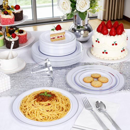 GATHER 350PCS Silver Plastic Plates - White and Silver Disposable Plates for 50 Guests Includes 100 Plate, 50 Napkins, 150 Silvery Cutlery and 50 Cups for Party & Wedding