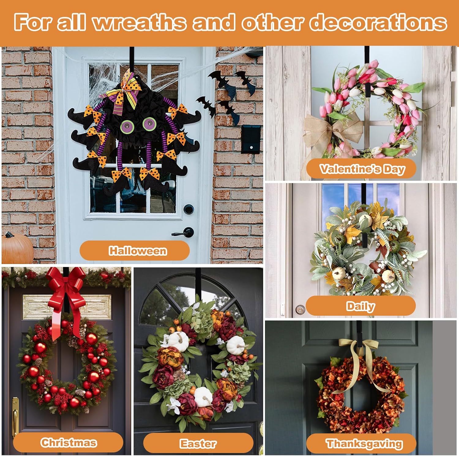 PECULA Wreath Hangers - 2 Pack 14" Metal Door Hooks | 40lb Load-Bearing for Decorations (Black)