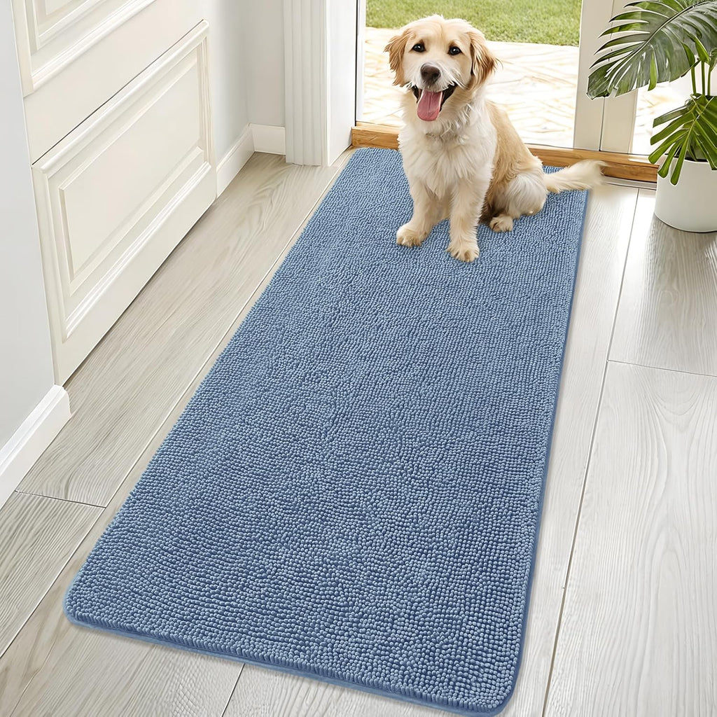 OLANLY Dog Door Mat - Absorbent Non-Slip Chenille Mat for Muddy Paws | 70x32, Quick Dry, Airy Blue