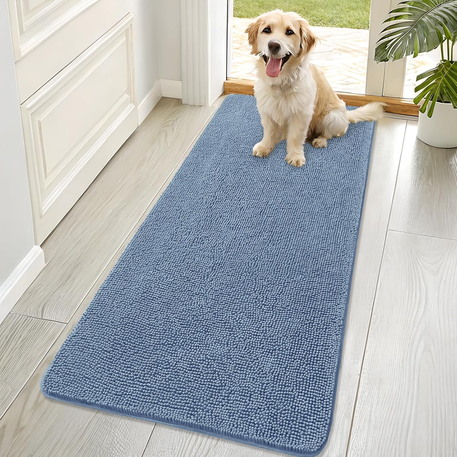 OLANLY Dog Door Mat - Absorbent Non-Slip Chenille Mat for Muddy Paws | 70x32, Quick Dry, Airy Blue