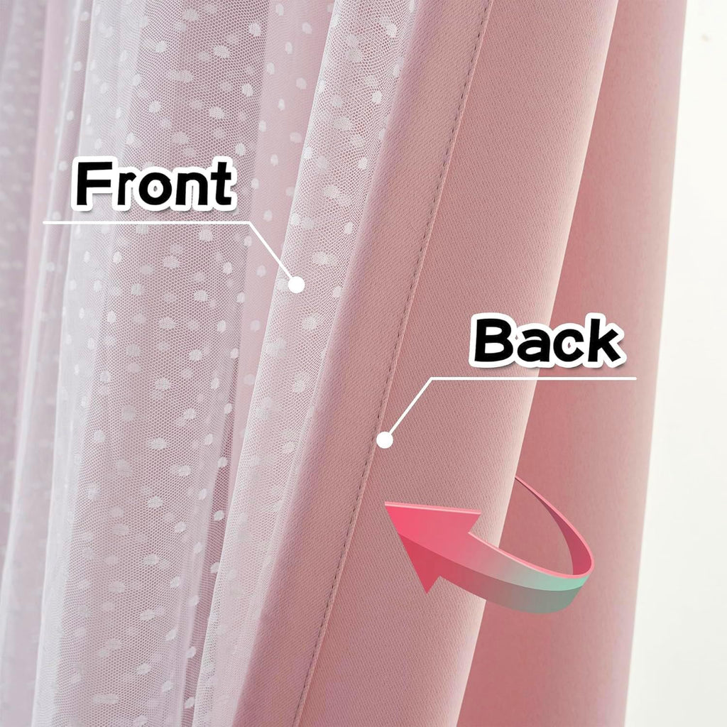 MYSKY HOME Pink Blackout Curtains - Double Layer Polka Dot Drapes for Girls' Bedroom | 52x84 Inch, 2 Panels