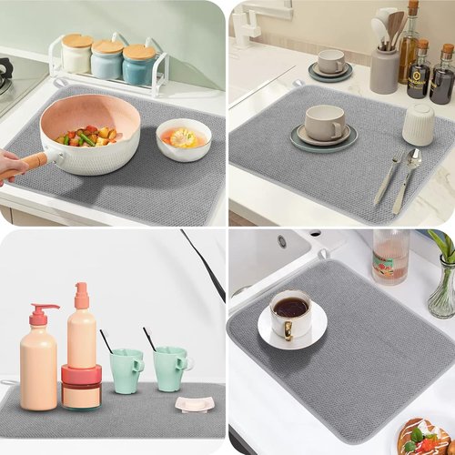 GeeRic Microfiber Dish Drying Mat - Super Absorbent Reversible Kitchen Pad | 15x20 Inch Gray