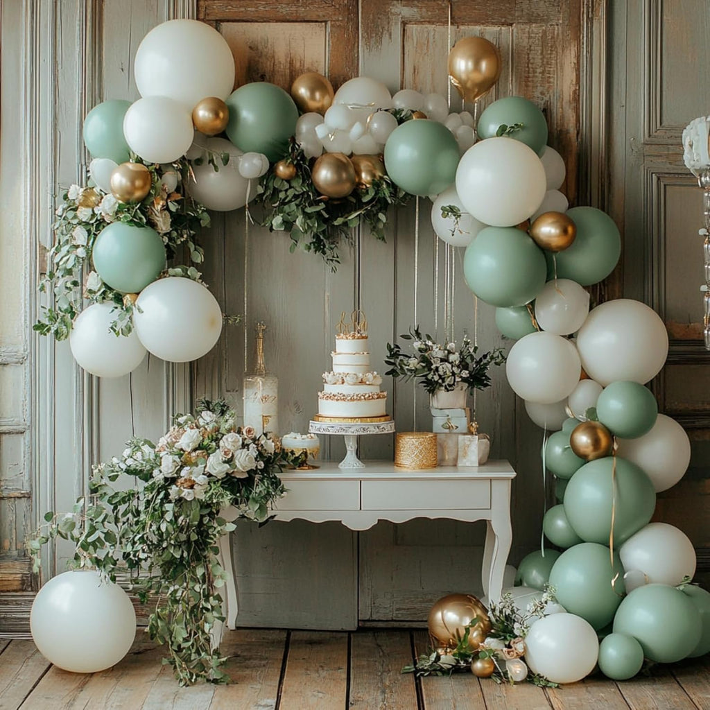PartyWoo Balloon Arch Kit - Sage Green & Gold Confetti - 152pcs in Various Sizes for Baby Showers & Birthdays