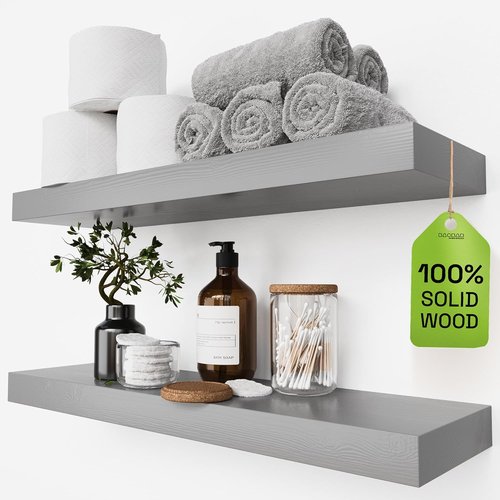 BAOBAB WORKSHOP Wood Floating Shelves - Rustic 24-Inch Grey Wall Shelves for Bathroom & Living Room | Set of 2