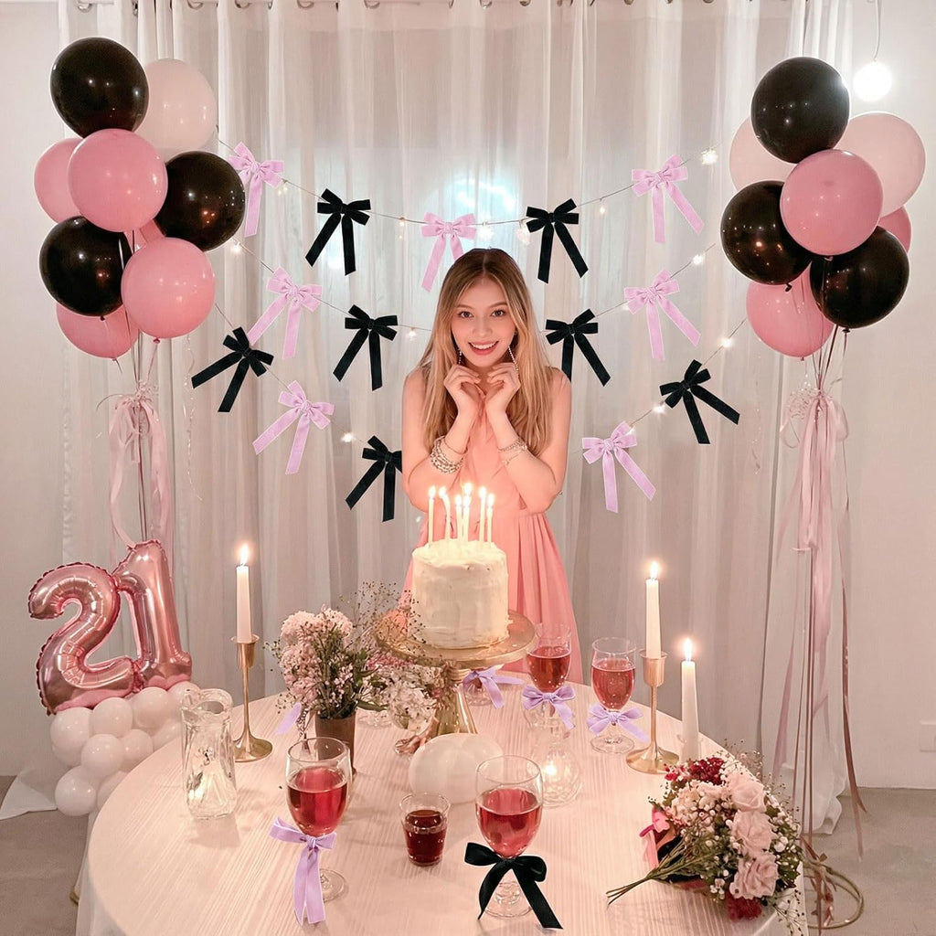 Skiennix Velvet Bows - 12 Pcs Pink & Black Pre-Tied Ribbon Bows for Y2K Room Decor | Perfect for Bachelorette & Sweet 16 Parties