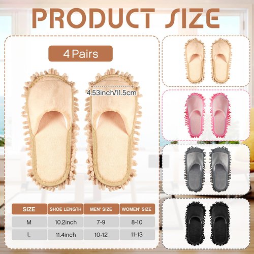 Jecery 4-Pair Washable Microfiber Mop Slippers - Detachable Dusting Shoes for Floor Cleaning, Office & Home Use - Suitable for Women & Men (Black, Beige, Pink, Gray,M Size)