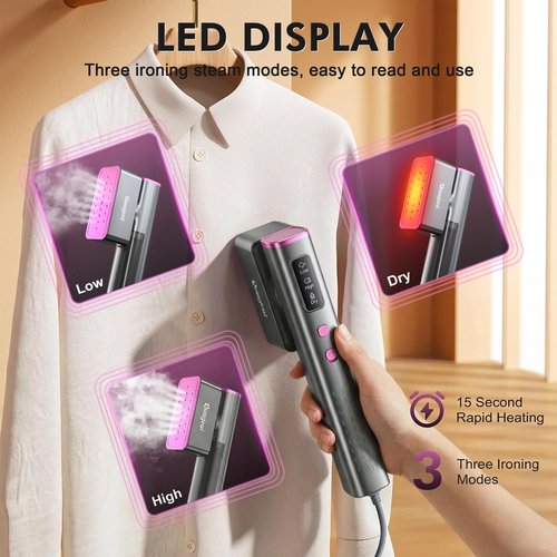 Travel Steamer for Clothes, 100V-240V Portable Iron, 15s Fast Heat Up, 2 in 1 Handheld Steamer & Iron, LED Display, 150ml Large Water Tank, Compact Travel Size Ideal for Worldwide & European Use