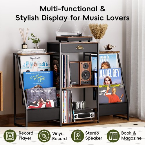 JunVpic Record Player Stand with Vinyl Storage – Record Table with Holder,6-Bin Vinyl Storage Rack & Drawer, Dual Side Display Shelves,Holds 200+ Albums,Turntable Stand for Living Room,Bedroom (Brown)