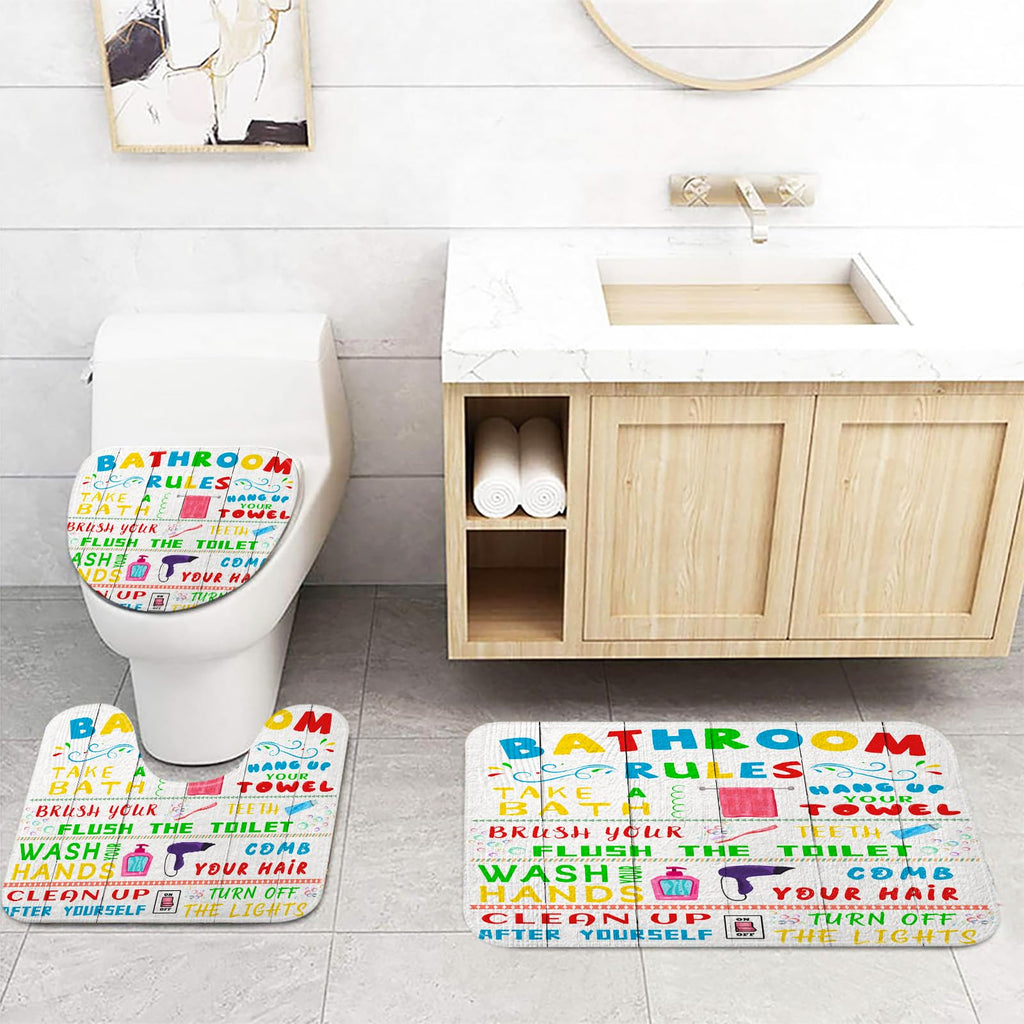 4 Pcs Kids Shower Curtain Sets, Funny Teen Boy Girl Bathroom Sets with Non-Slip Rugs and Accessories, Cute Colorful Bathroom Rules Fabric Toilet Lid Cover and Bath Mat, Shower Curtain with 12 Hooks.
