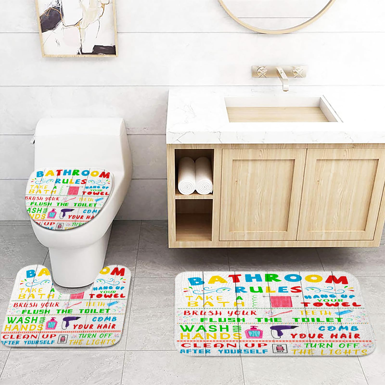 4 Pcs Kids Shower Curtain Sets, Funny Teen Boy Girl Bathroom Sets with Non-Slip Rugs and Accessories, Cute Colorful Bathroom Rules Fabric Toilet Lid Cover and Bath Mat, Shower Curtain with 12 Hooks.