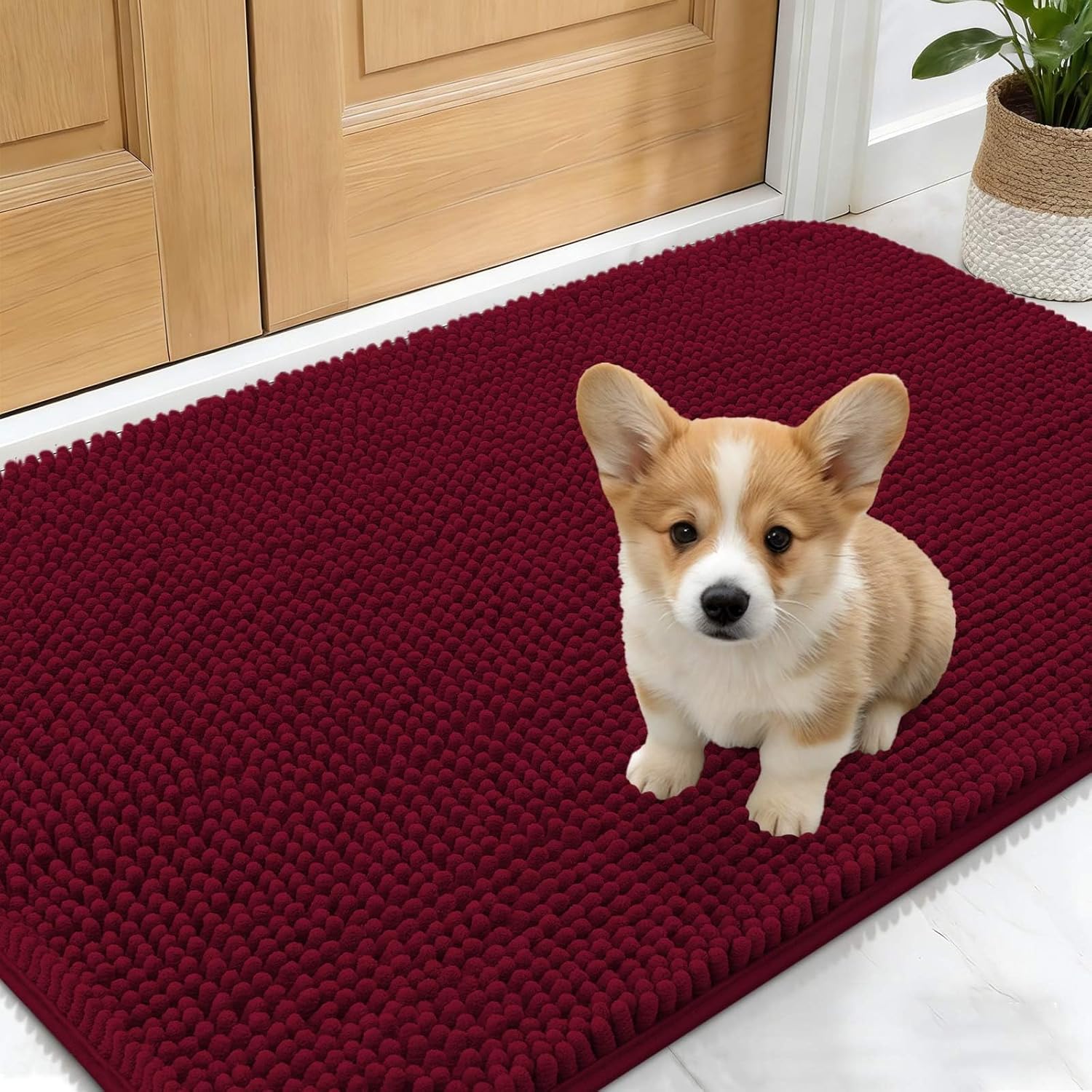 OLANLY Dog Door Mat - Absorbent Non-Slip Washable Mat for Muddy Paws | 24x16 Burgundy Chenille