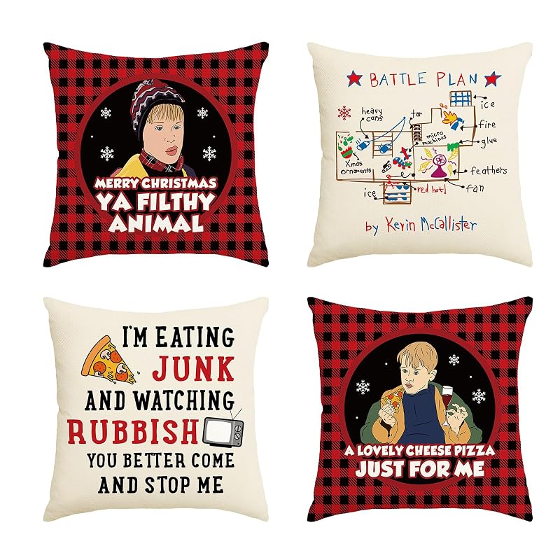 Home Alone Christmas Pillow Covers 4 Pack 18x18 Linen Throw Pillow Covers – Funny Farmhouse Decor