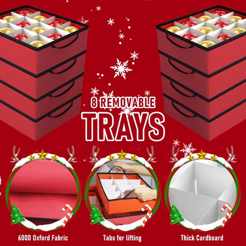 Tufmunb Christmas Ornament Storage Box, Stores 96-4" Large Ornaments with Individual Trays, Ornament Organizer Storage Box, Durable 600D Oxford Material, Extra Pockets, Dual Zipper - Red