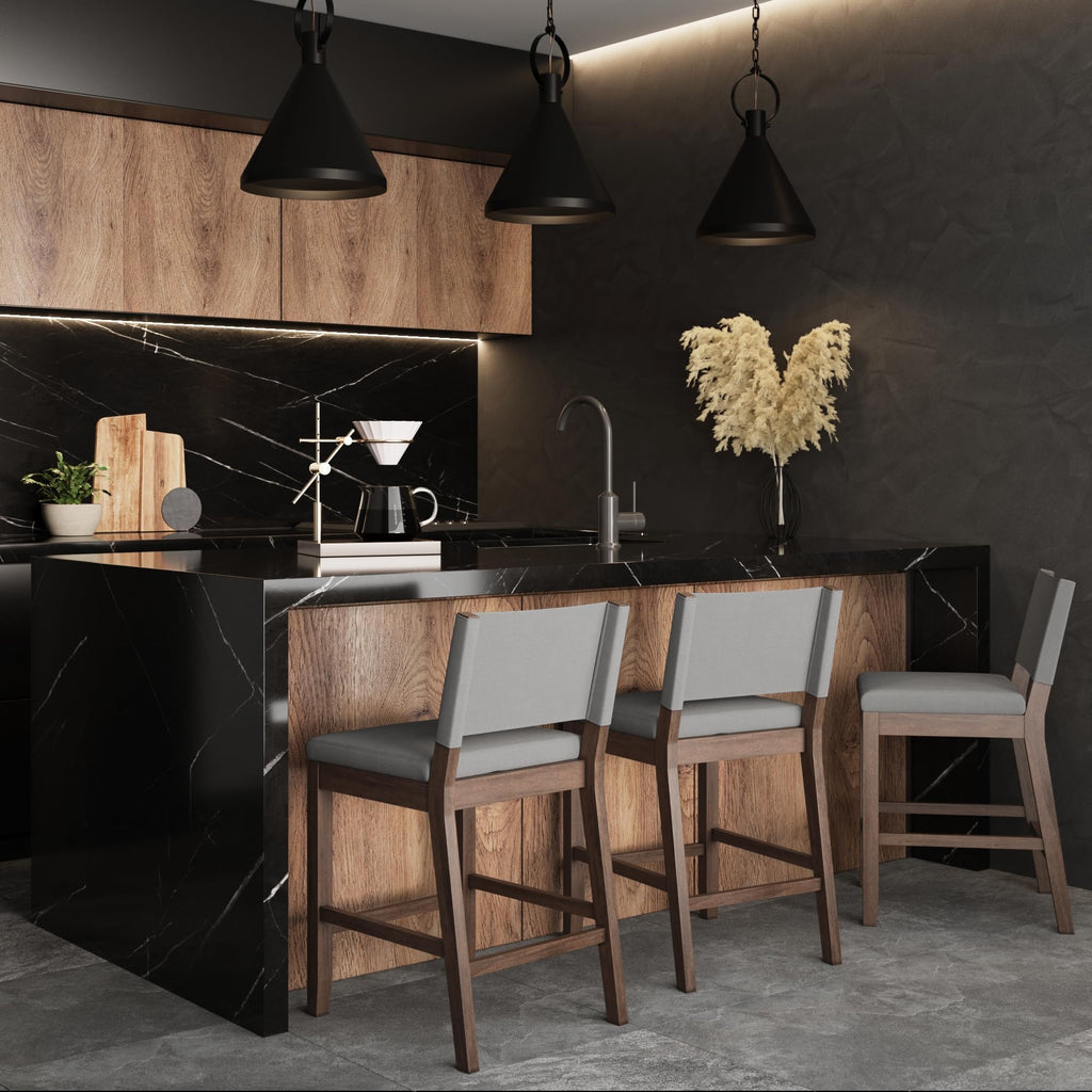 Nathan James Linus Modern Upholstered Counter Height Bar Stool with Back and Solid Rubberwood Legs in a Dark Brown Wood, Natural Light Grey/Brown