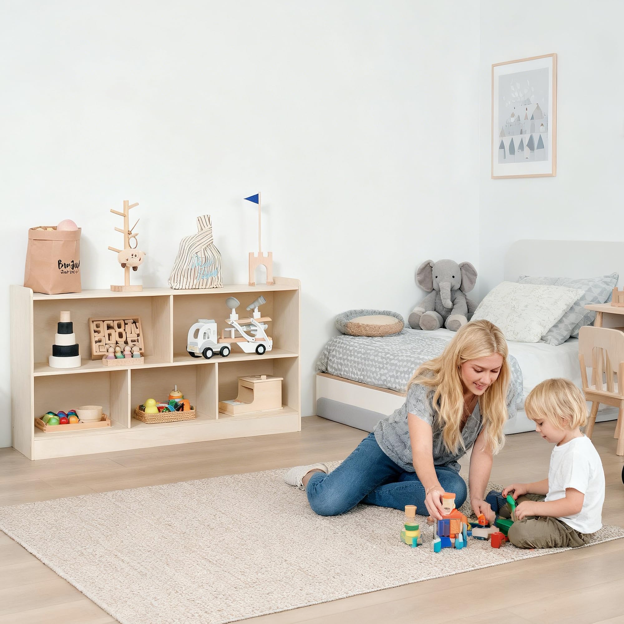 Leeshyah Wooden Toy Shelf for Kids, Montessori Book & Toy Organizer with Open Shelving, 5-Section Customizable Layout for Kids’ Room, Playroom & Classroom