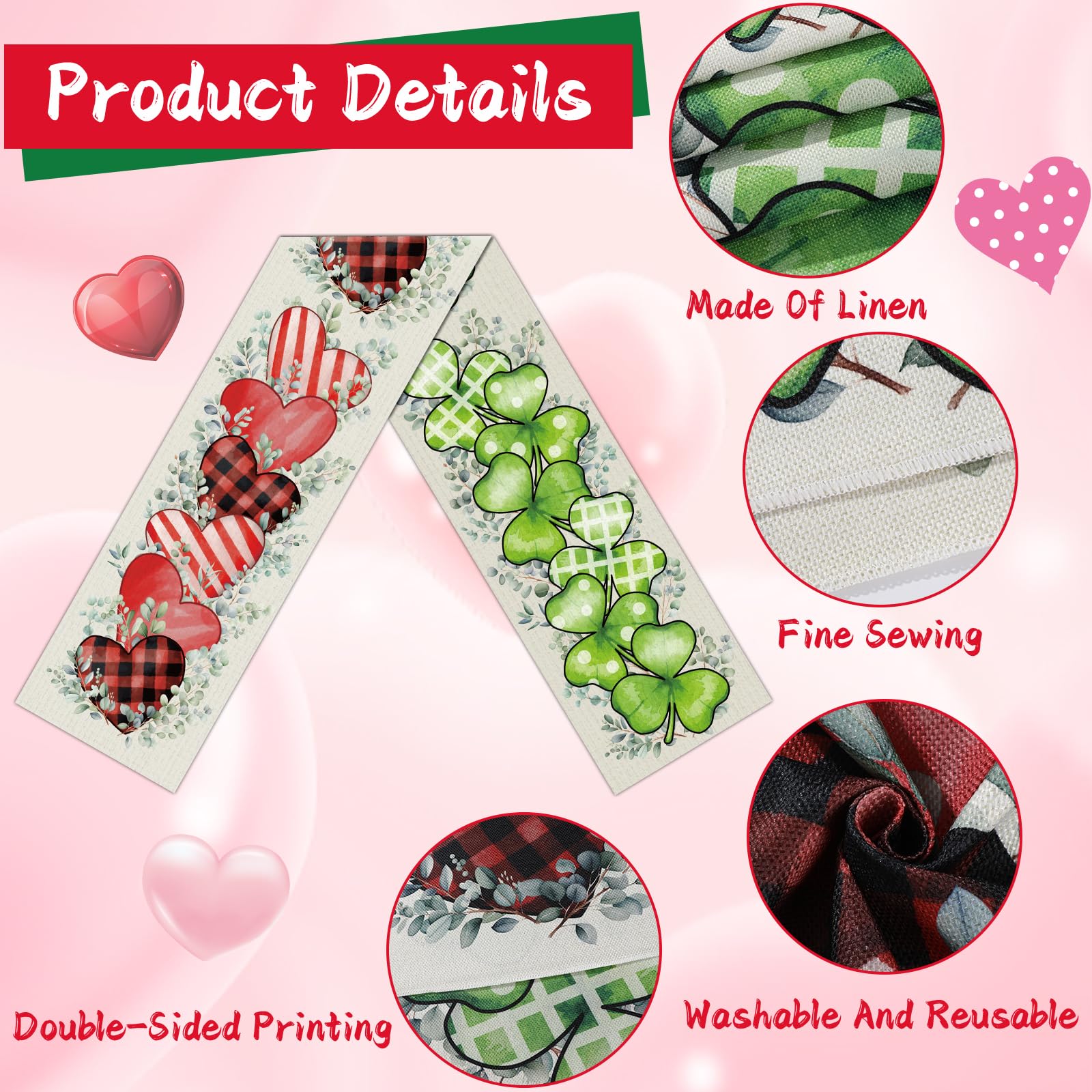 St. Patrick's Day Linen Table Runner Valentine's Day Table Runner Eucalyptus Hearts Lucky Shamrock Tables Decoration for Dinning Kitchen Home Party Decoration Supplies (13 x 72Inch)
