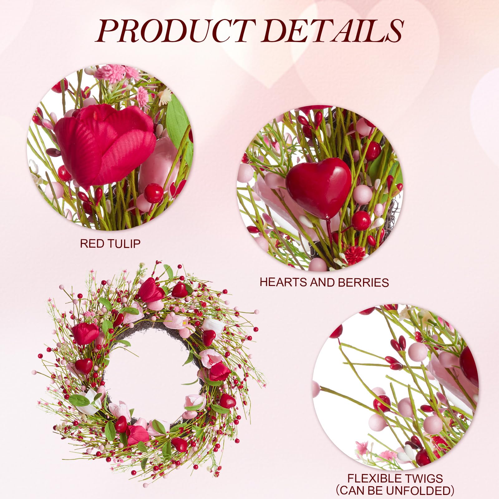 WDS WONDROUS 18.8 Inch Valentine's Day Wreath, Red Pink White Tulip Heart Wreath for Front Door Decor, Spring Wedding Anniversary Party Decoration
