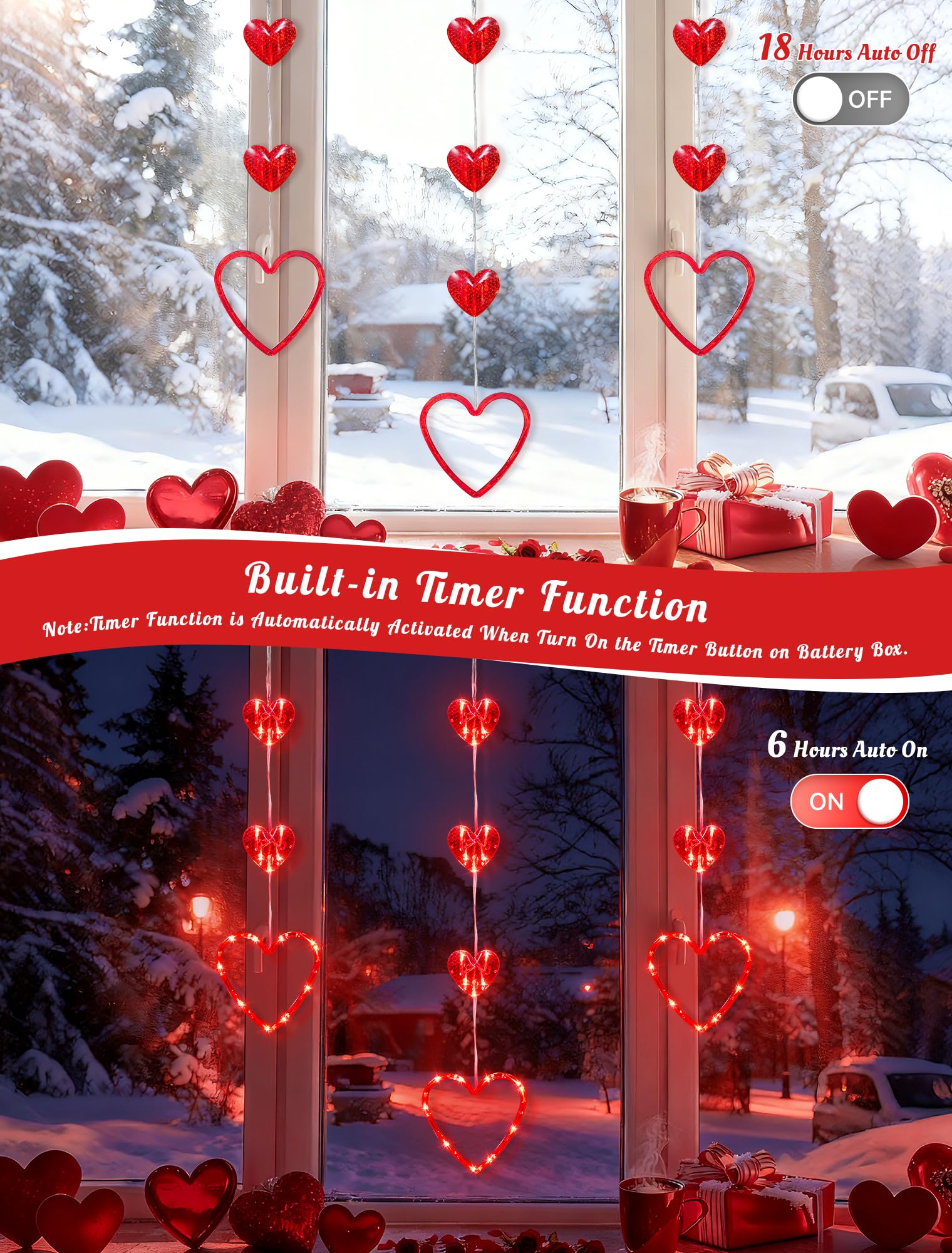 MYGOTO Valentines Day Window Lights, 65 LED 10 Red Heart Lights USB/Battery Operated, Timer Memory with 8 Modes Hanging Valentines Decorations Light for Valentine's Day Anniversary Wedding Decor
