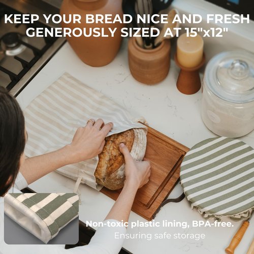KIBAGA Beautiful Linen Bread Bag Set and Proofing Cover For Homemade Sourdough Bread - Keeps Your Loaf Fresh for Days - Reusable and Easy to Clean Storage Bag, The Perfect Baking Accessories