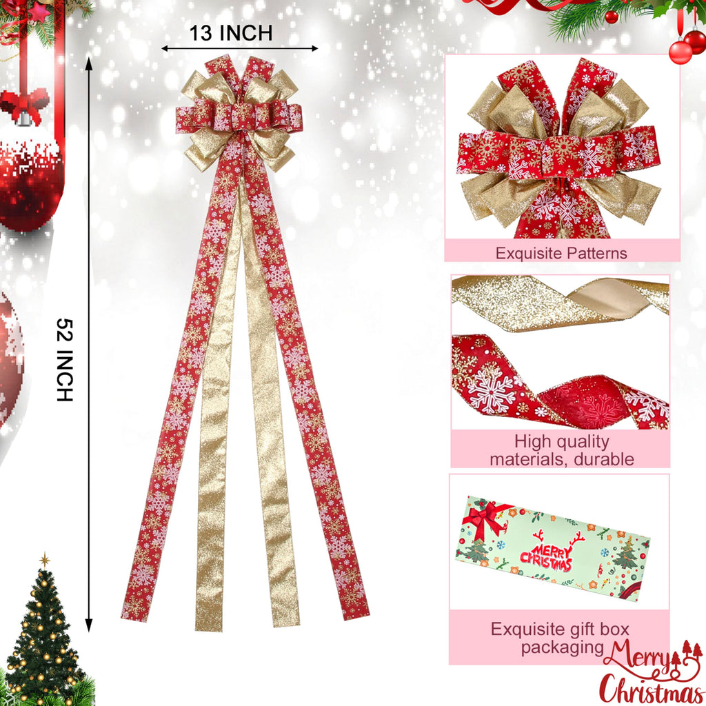 Christmas Tree Topper Wreath Bow Large Christmas Bow Tree Topper 52"x13" Red Gold Snowflake Patterned Gift Bows for Xmas Holiday Home Wedding Thanksgiving Indoor/Outdoor Decoration