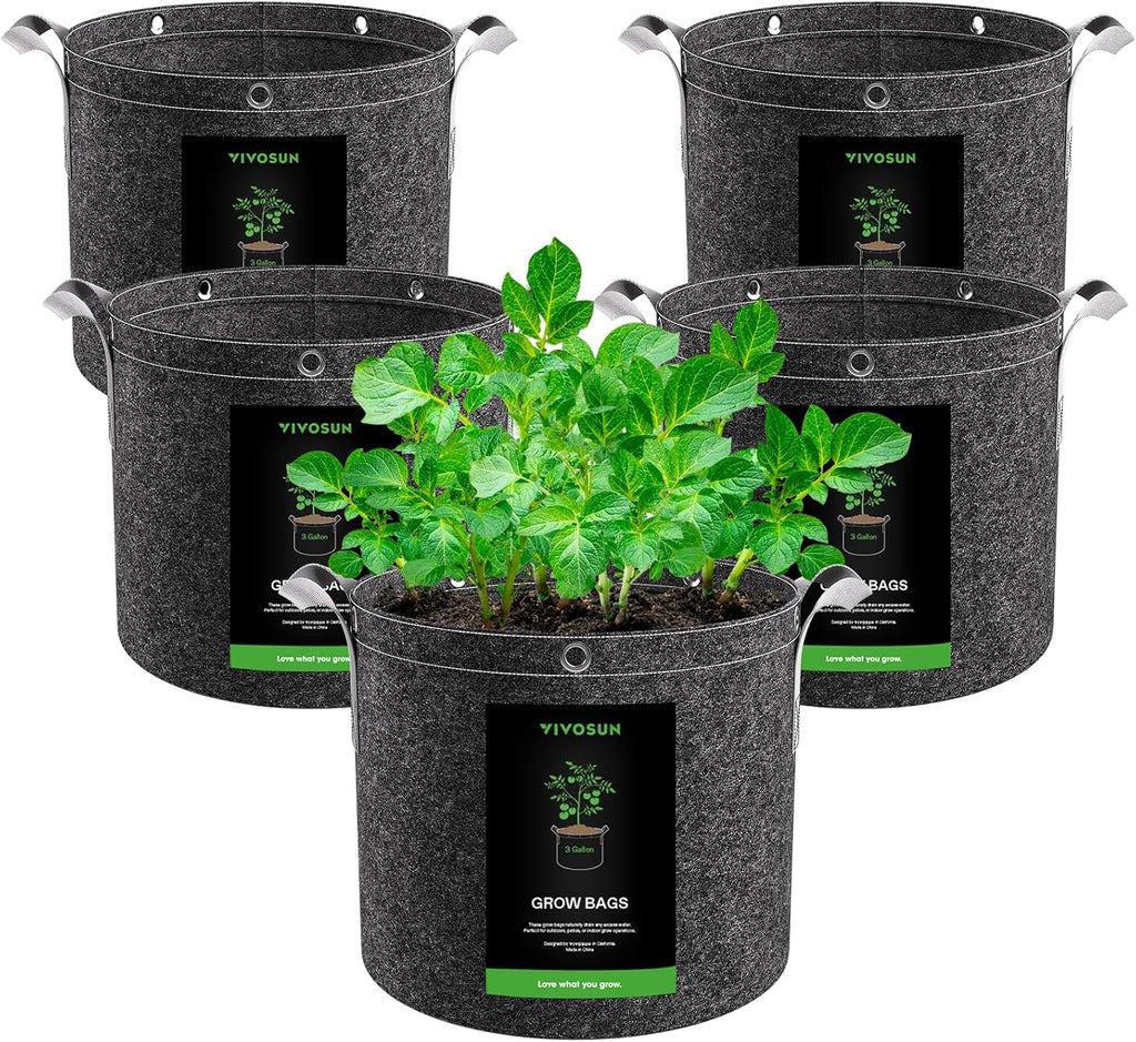 VIVOSUN 3 Gallon Grow Bags - 5-Pack Thick Nonwoven Fabric Pots with Strap Handles for Plant Training