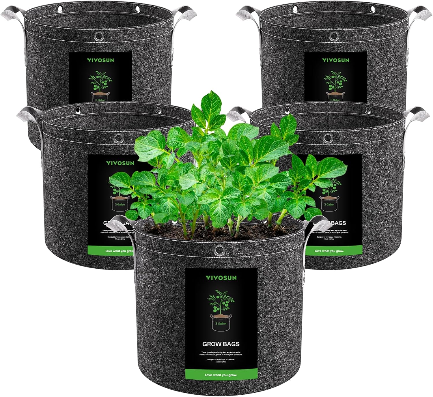 VIVOSUN 3 Gallon Grow Bags - 5-Pack Thick Nonwoven Fabric Pots with Strap Handles for Plant Training